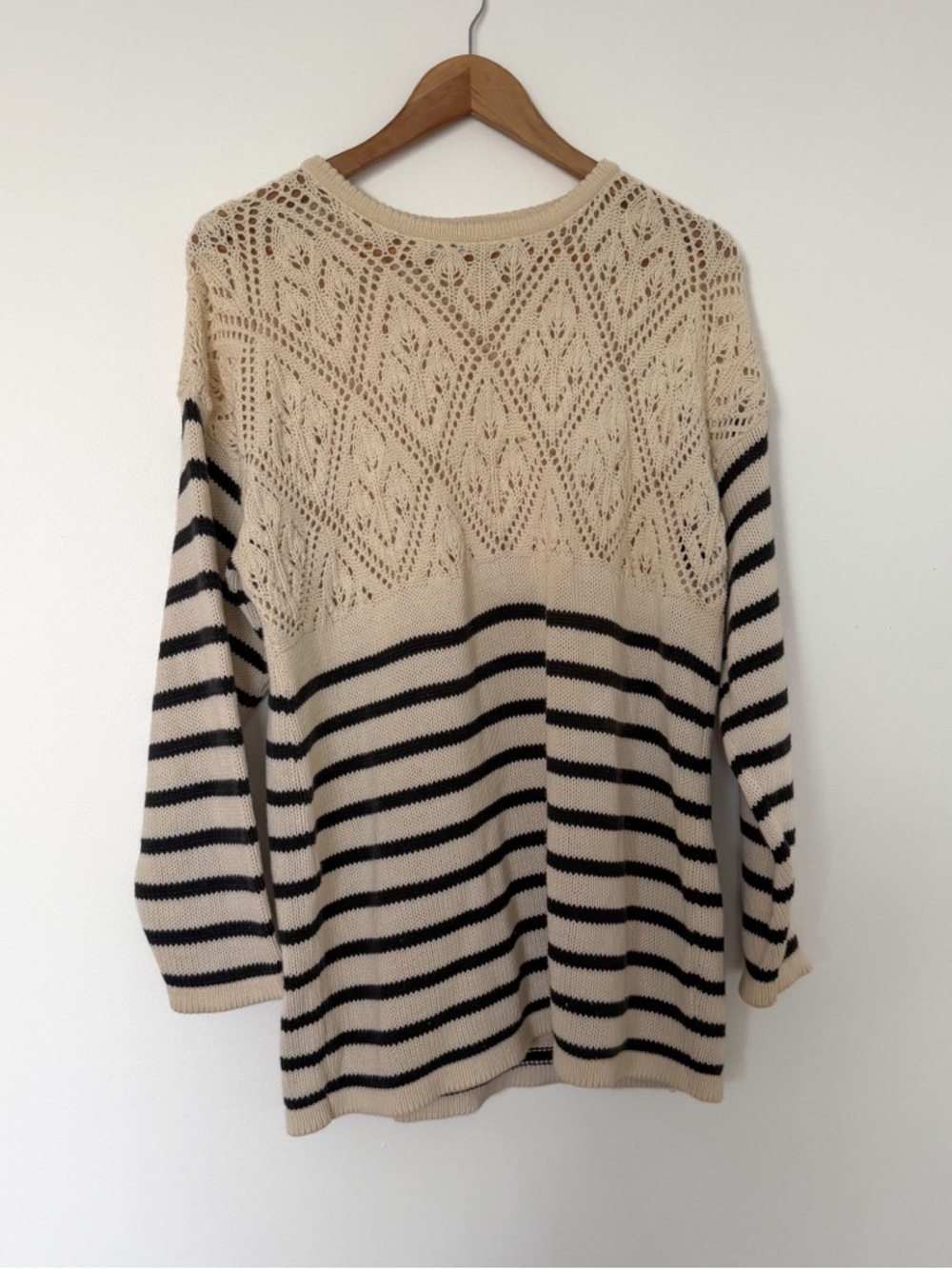 Cotton Vintage 80's Striped Cream Crewneck Sweater with Lace Knit Yoke